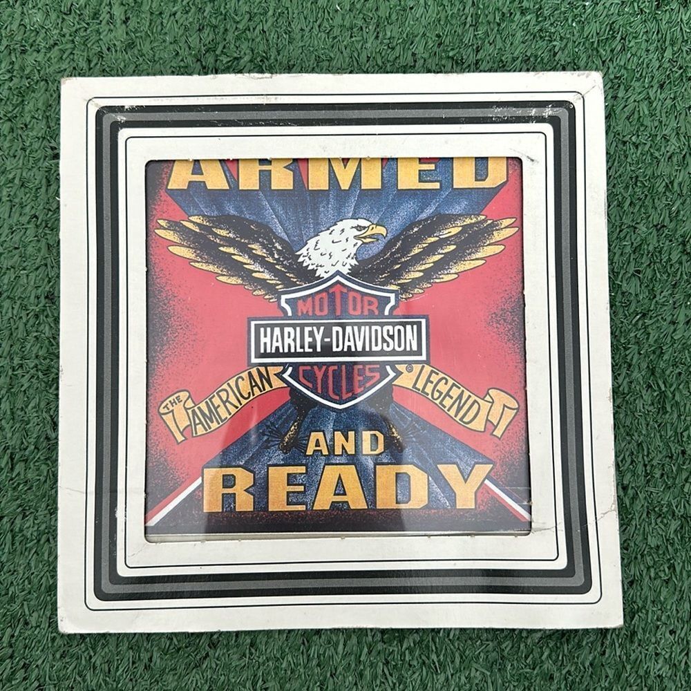VINTAGE HARLEY DAVIDSON CARNIVAL PRIZE TILE ARMED AND READY WITH GLASS MULTI 6"